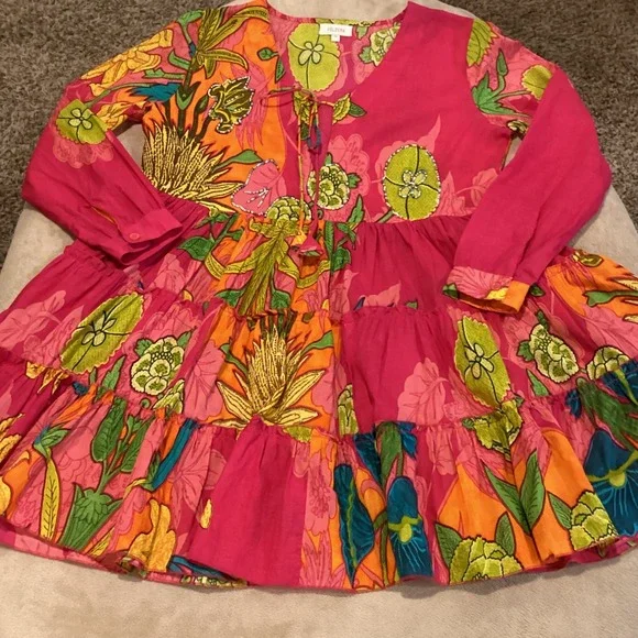 Velzera Hot Pink Long Sleeve Tiered Mini Dress, Size Medium, runs small, Floral - Picture 5 of 7